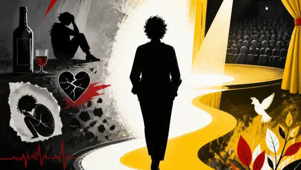 Illustration editoriale pour Muriel Robin revient sur trente ans d’alcoolisme, quatre dépressions, une fausse couche, un burn-out et une embolie pulmonaire