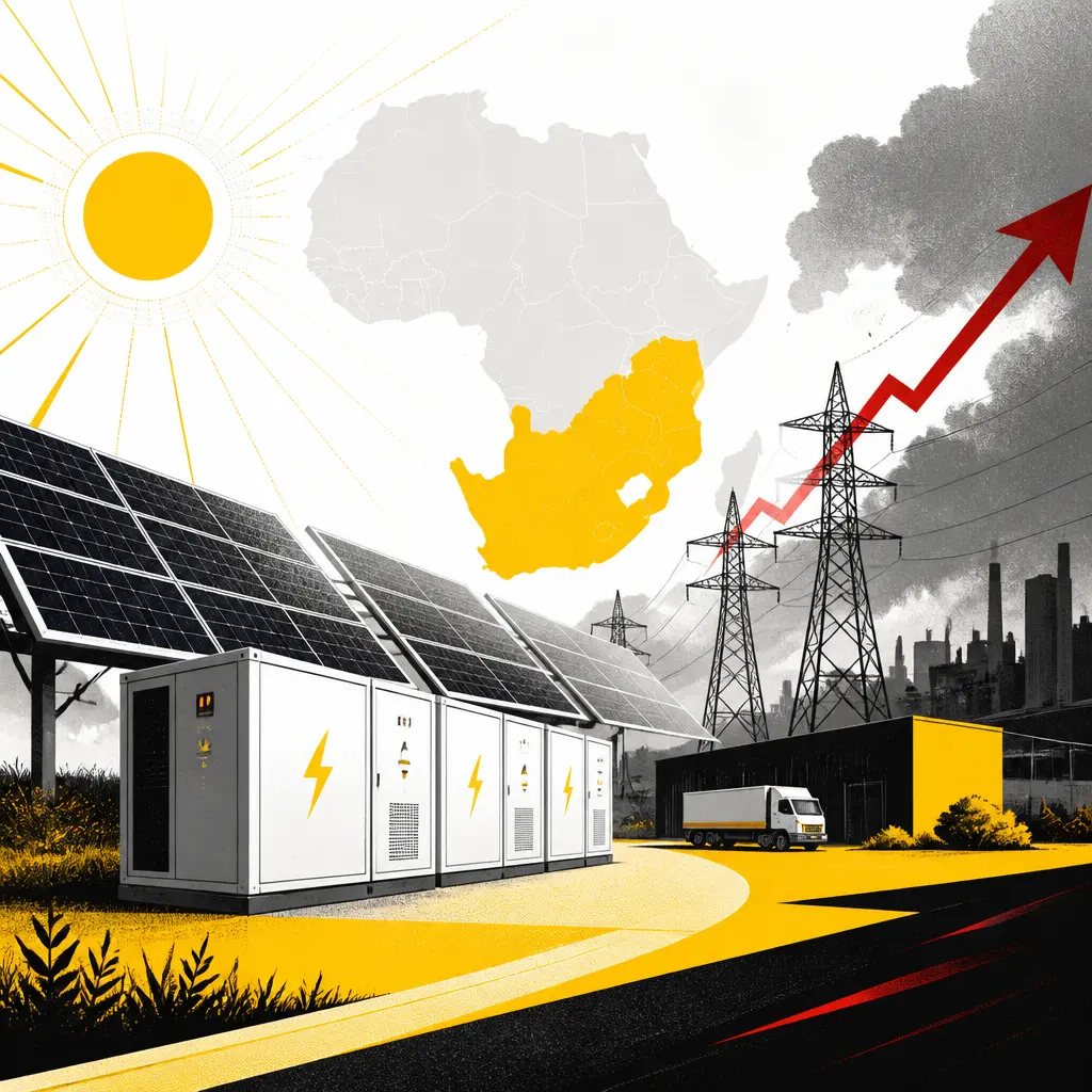 Illustration editoriale pour Afrique du Sud : le solaire-stockage gagne du terrain face aux tarifs d’Eskom