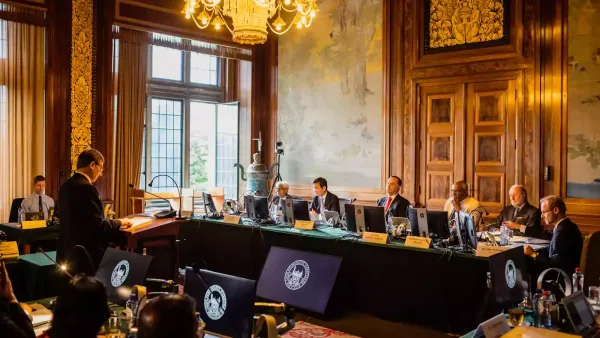 Audience publique de la Cour permanente d'arbitrage au Palais de la Paix, à La Haye, en 2019