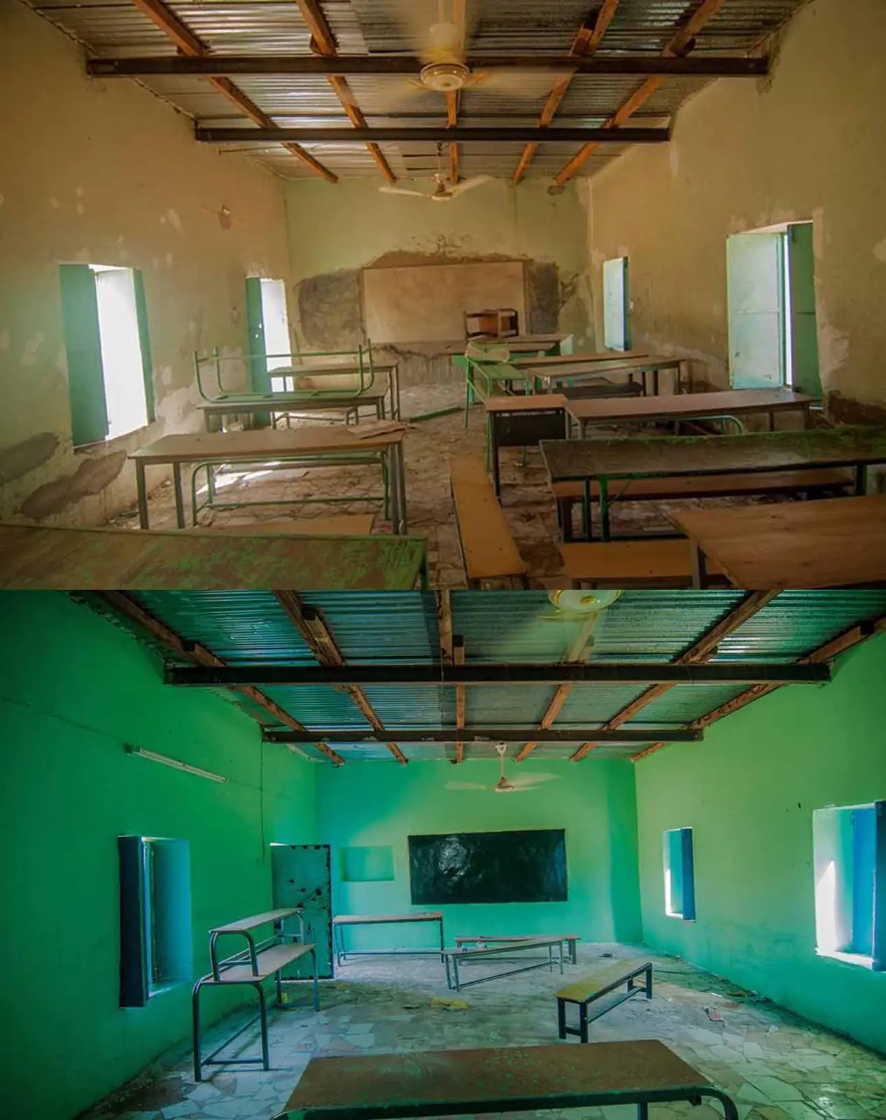 Salle de classe au Soudan, montrée avant et après rénovation