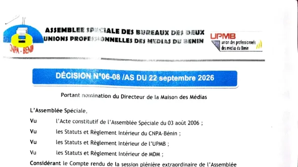 Décision nommant Ulrich Vital Ahotondji directeur de la Maison des Médias